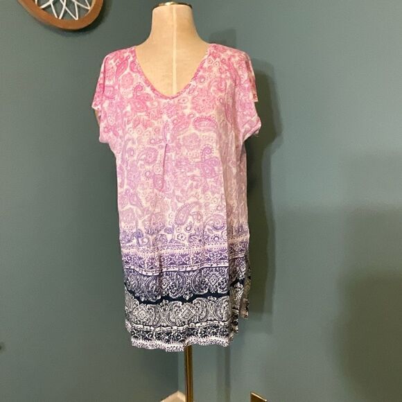J. Jill Womens V-Neck ‘Love Linen’ Short Sleeve Boho Paisley Tunic Top - Size S - Picture 9 of 10